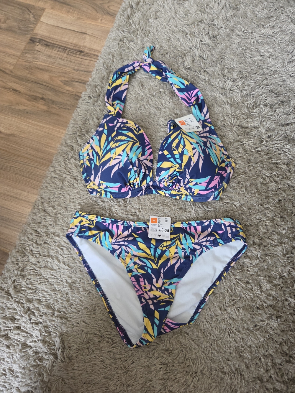 Push-Up Halter Bikini Set in Navy Tropical Print - Women's Swim